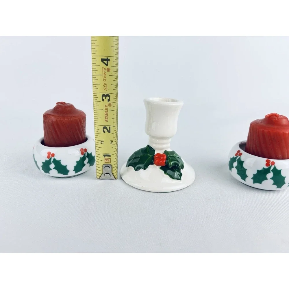 Vintage Holly Ivy‎ Taper Candlestick Holders Christmas Decor - Lot Of 3 -